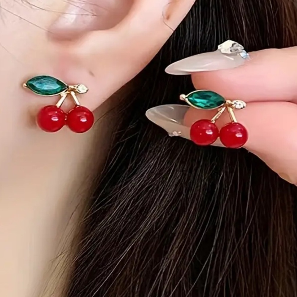 Exquisitely Cute Minimalist Red Cherry With Green Leaves Stud Earrings - Picture 2 of 8